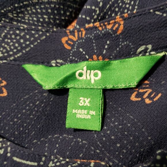 Dip Popover Blouse Women's 3X Blue Geometric Medallion Tie Neck Button Cuff Boho - Picture 5 of 8